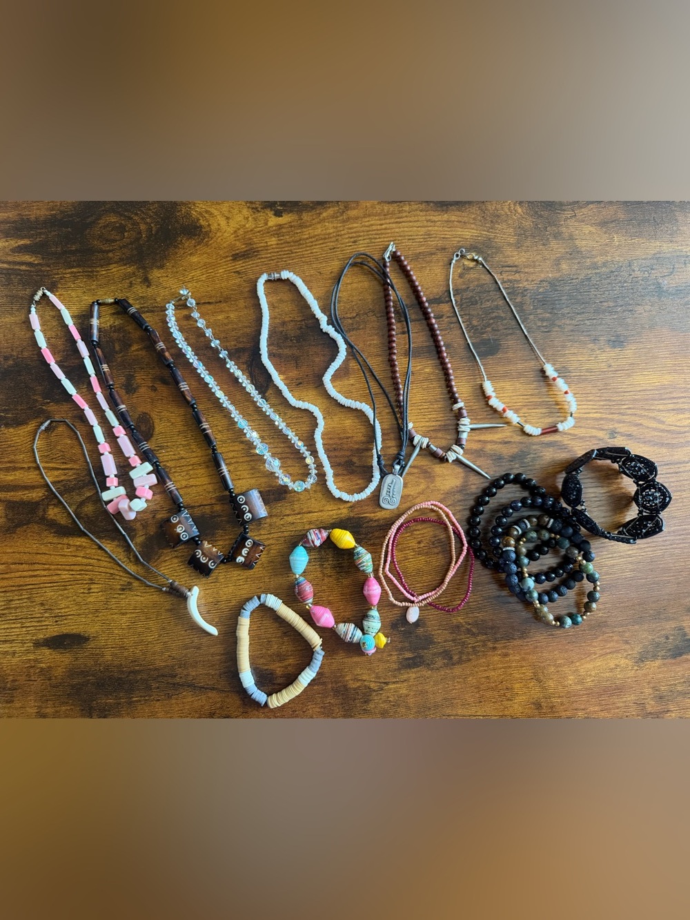 16 pieces Multicolor Beaded vintage necklaces. Assortment of stretch bracelets